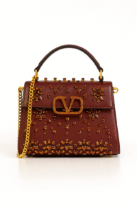 Valentino Garavani Crystal-Embellished Small VLogo Shoulder Bag – Burgundy Leather 19cm